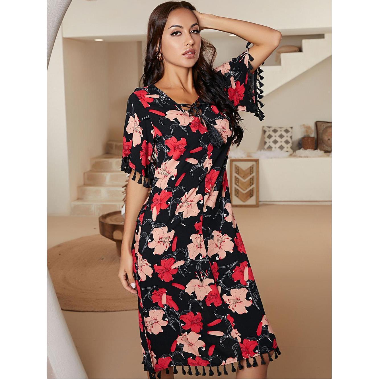 Nightdress Spring Summer Short Sleeves Mid Length Night Dress Home Can Be Worn outside