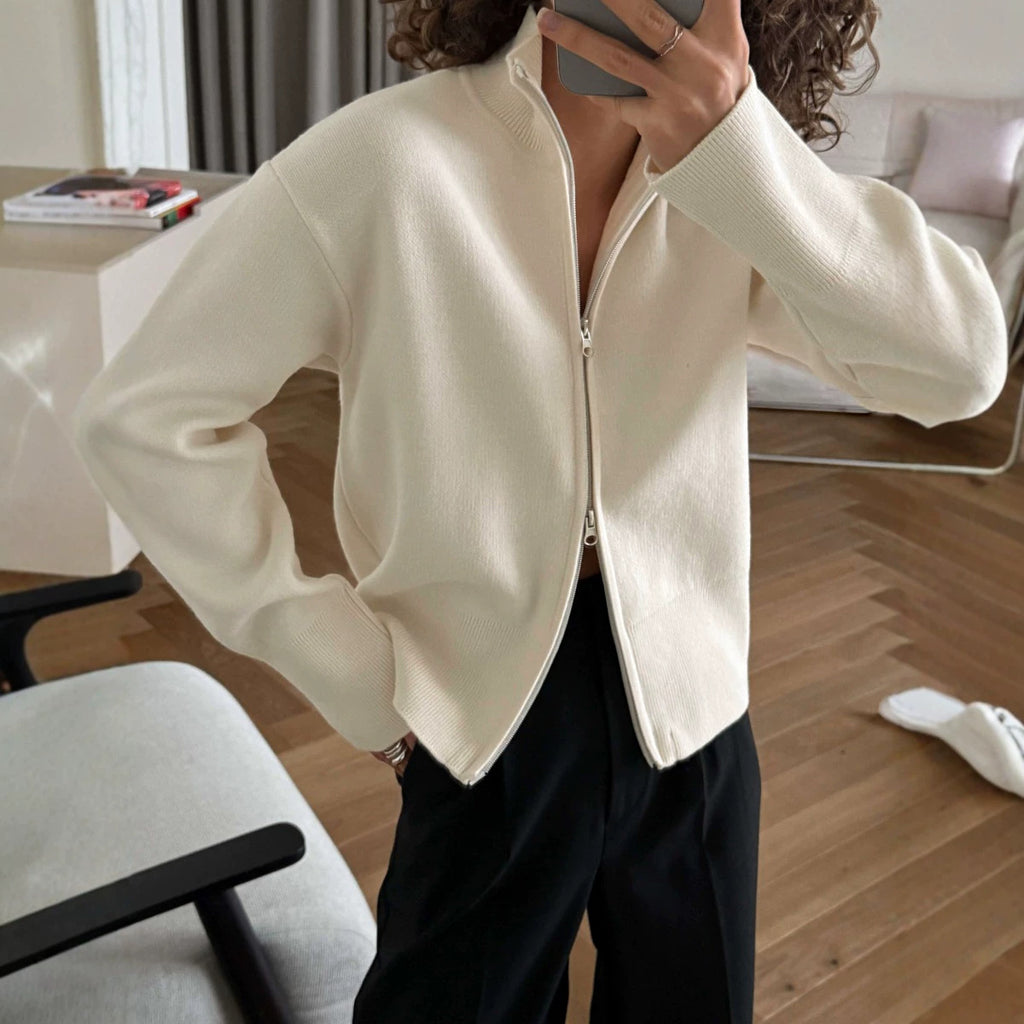 Women's Double-Zip Stand-Collar Knit Cardigan