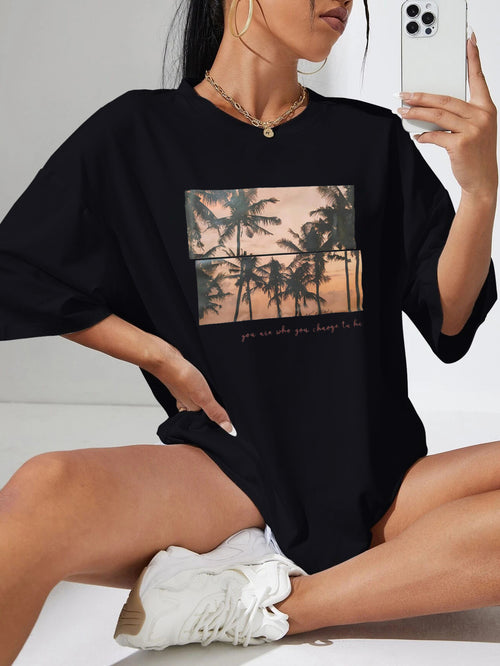 Casual Black T Shirt Simple Round Neck Short Sleeve Women Top Loose Landscape Printing T Shirt
