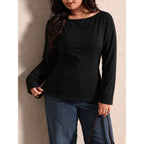 Plus Size Black Shirt Neck Back Bandage Hollow Out Cutout Slim Fit