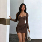 Square Collar Long Sleeve Boning Corset Hip Waist Dress