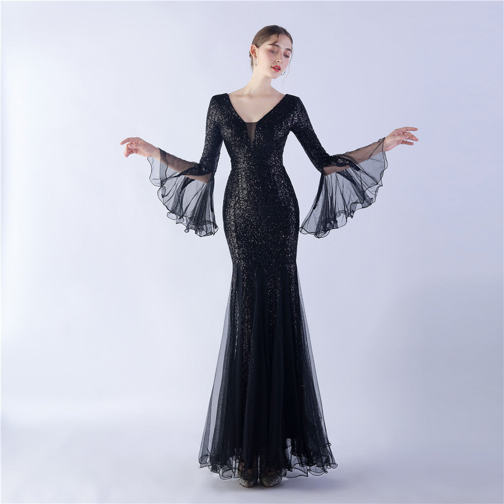 Women's Fish Silk Wave Edge Encryption Mesh Wedding Dinner Stage Sequin Dress