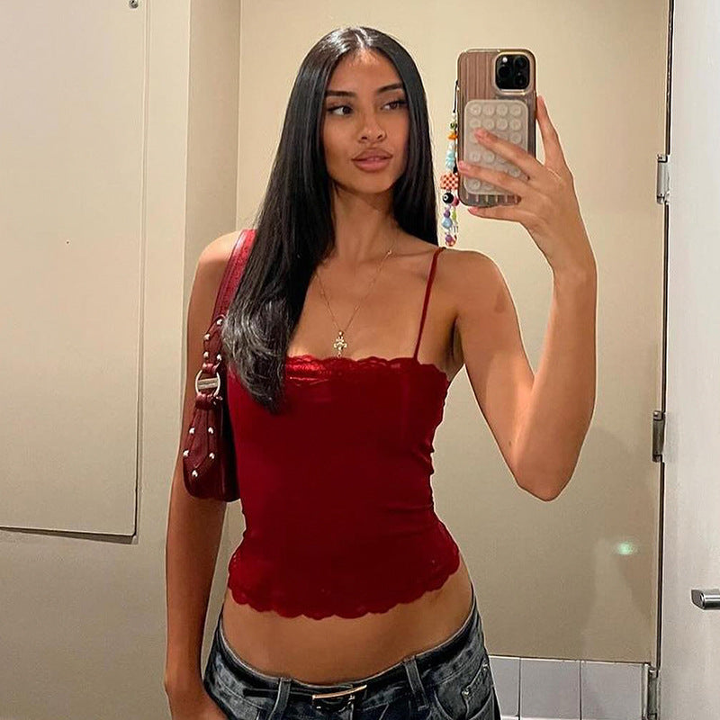 's Lace Spaghetti Strap Top Skinny Short Tube Top Basic Vest