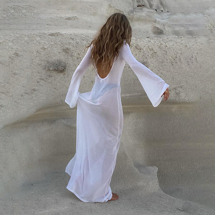 Women's Summer Sexy Backless Long Sleeves See Through Mesh Dress