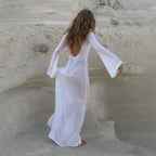 Women's Summer Sexy Backless Long Sleeves See Through Mesh Dress