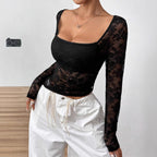 Women’s Black Lace Asymmetric Ruched Long Sleeve Top