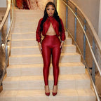 Women's Spring Solid Color Casual Batwing Long Sleeve Top Tight Trousers Set
