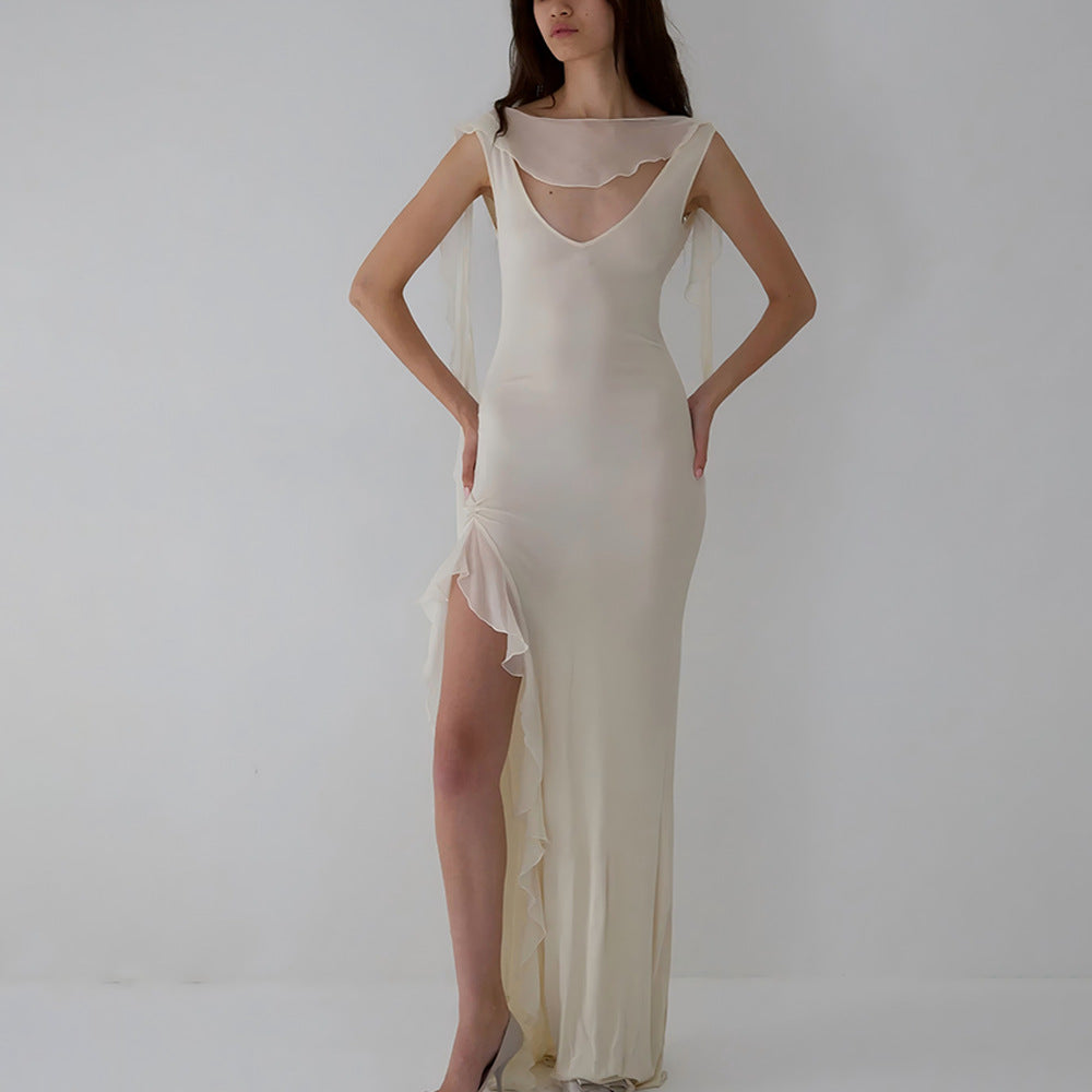 Women's Backless Ruffled High Slit Bodycon Maxi Dress