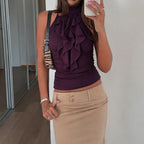 's Wrapped Chest Stitching Wooden Ear Design Solid Color Waist Tight Backless Halter Top