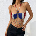 Red Blue Together Handmade Beaded Sling Holiday Music Festival Sexy Heavy Industry Exposed Cropped Outerwear Top Women