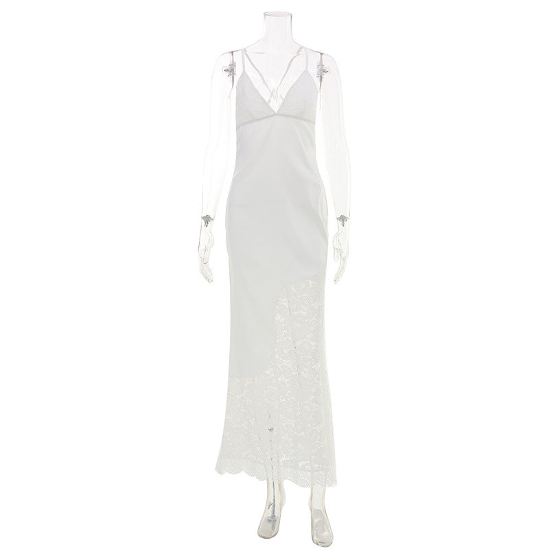 White lace backless slip dress on mannequin, V-neck with sheer lace shoulder details