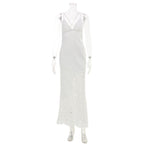 White lace backless slip dress on mannequin, V-neck with sheer lace shoulder details