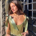 Fashionable Green Ruffled Silk Lace Up Waist Top