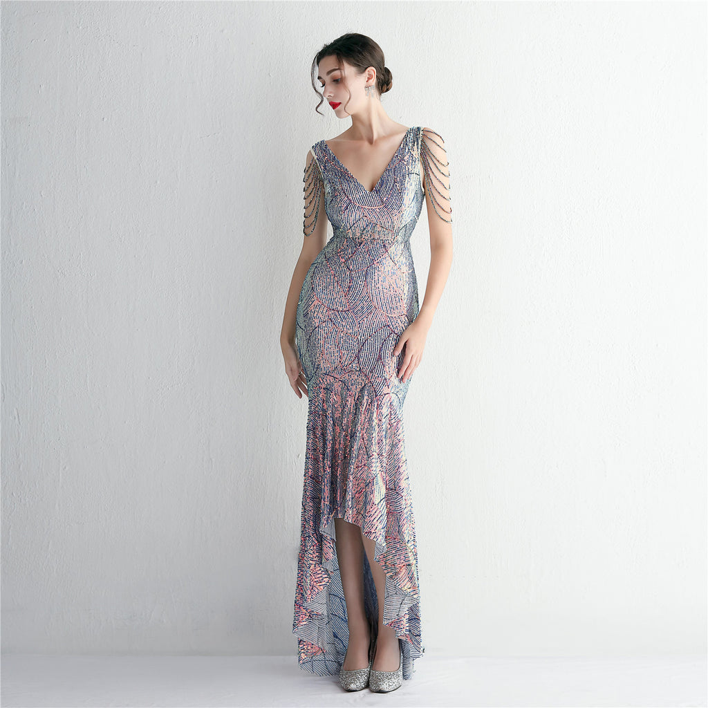 Women's Sequin Beaded Party Dress Long Cocktail Slim Fit Evening Dress