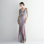 Women's Sequin Beaded Party Dress Long Cocktail Slim Fit Evening Dress