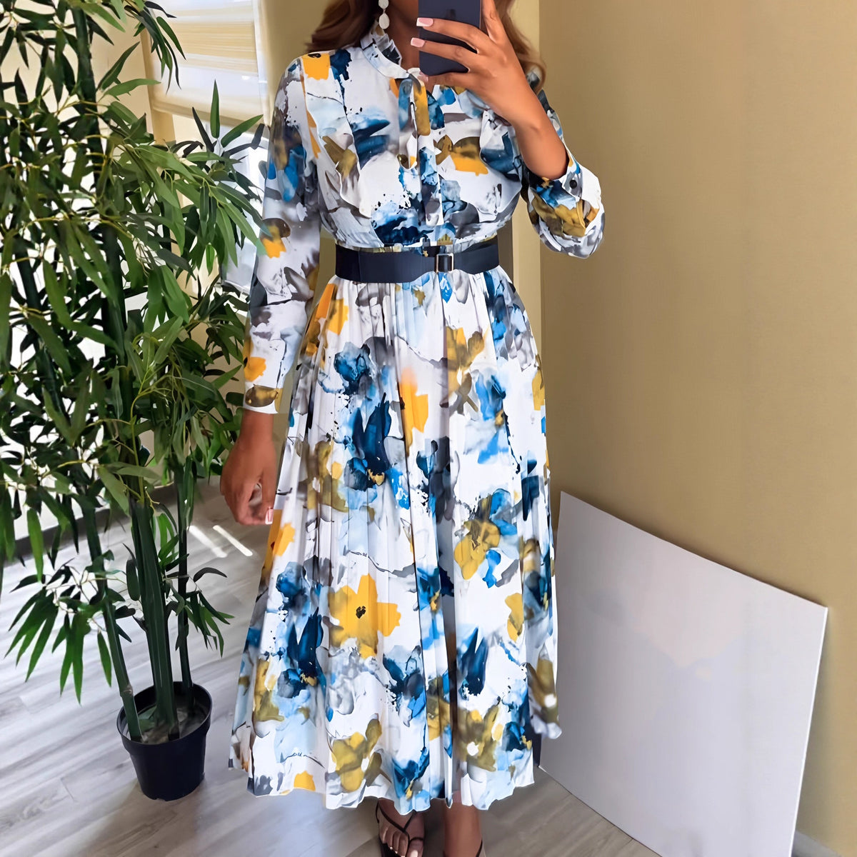 Women's Printed V Neck Ruffle Dress