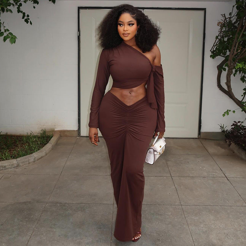 Women's Pleated Long-Sleeve Two-Piece Skirt Set