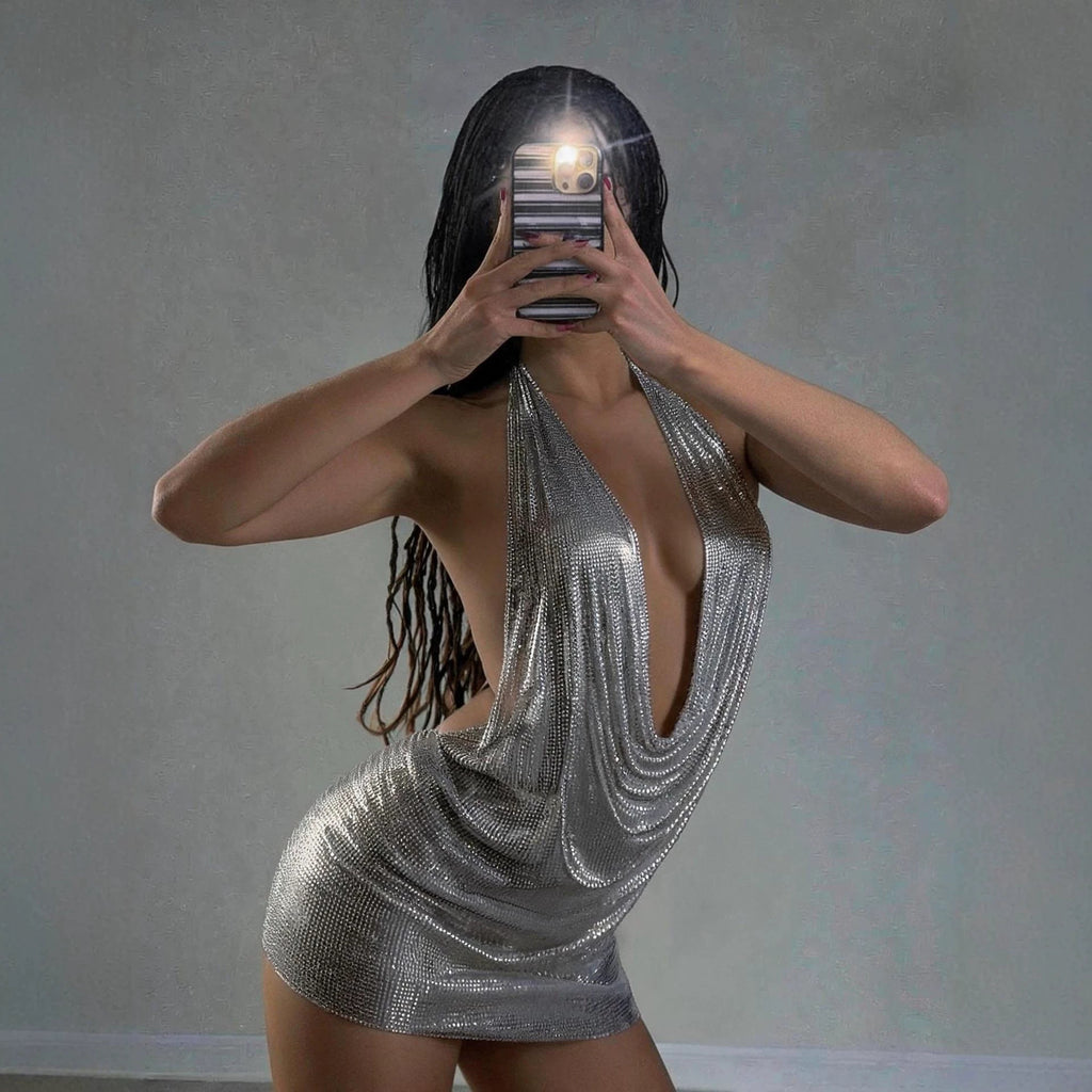 Metallic Chain Halter Mini Dress