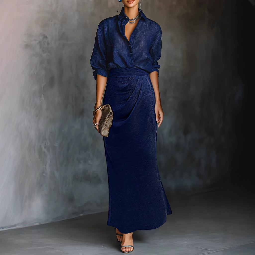 Women's Shirt And Ruched Midi Skirt Set