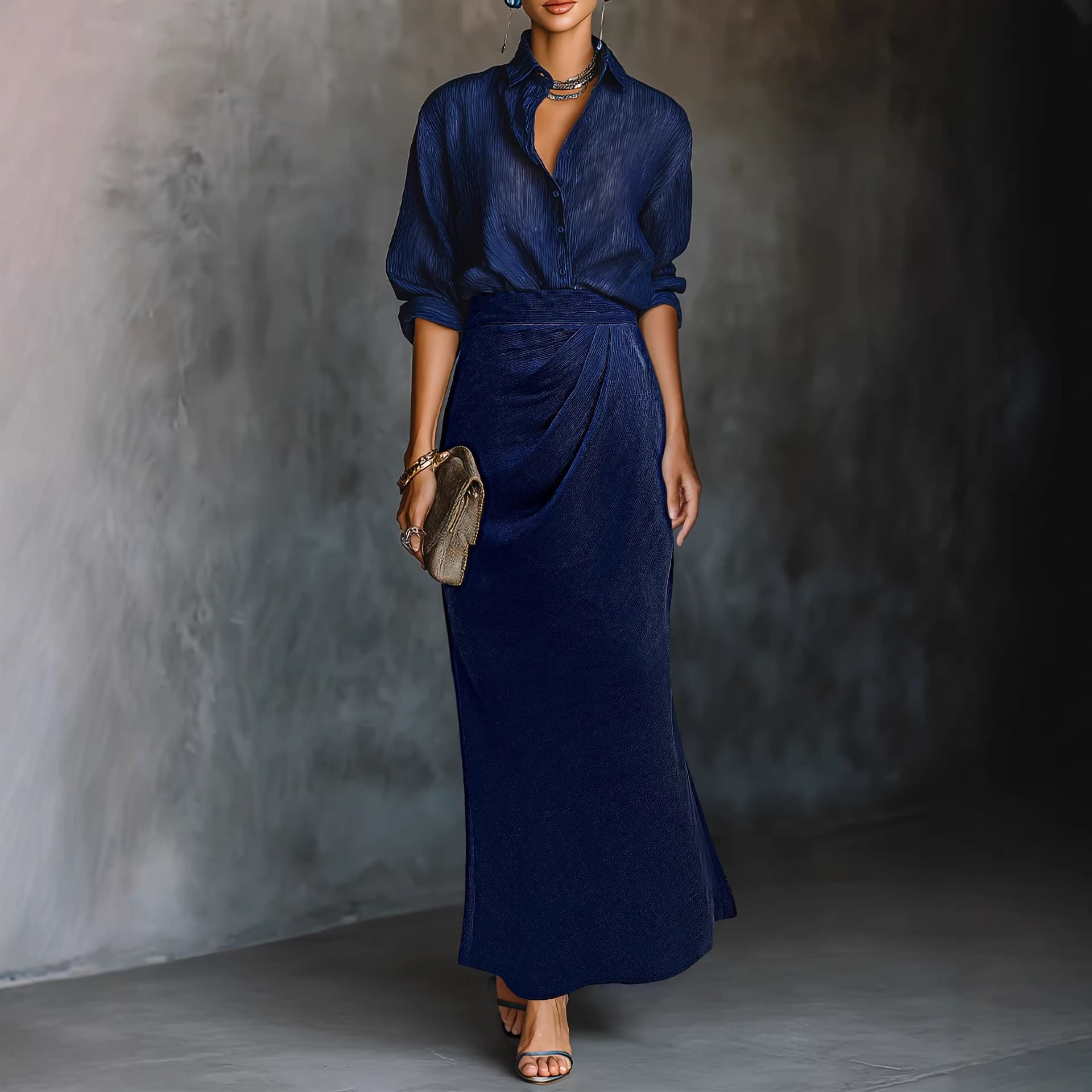 Women's Shirt And Ruched Midi Skirt Set