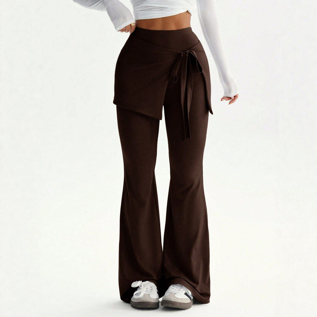 Faux Two Piece Lace up Trousers Women High Waist Slimming Irregular Asymmetric Two Piece Set Pants
