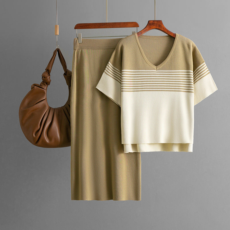 Women's Summer Striped Short Sleeved V Neck T Shirt Skirt Two-Piece Set