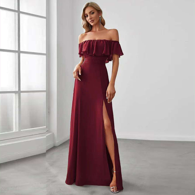 Women's Off-Shoulder Chiffon Ruffle Split Cocktail Midi Dress