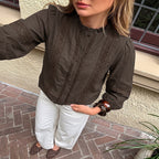 Women's Autumn Winter Simple Elegant Ruffled Stand Up Collar Lace Stitching Long Sleeved Shirt Women