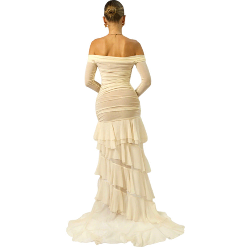 Apricot pleated long-sleeve dress with off-shoulder neckline and tiered ruffle hem