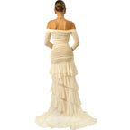 Apricot pleated long-sleeve dress with off-shoulder neckline and tiered ruffle hem