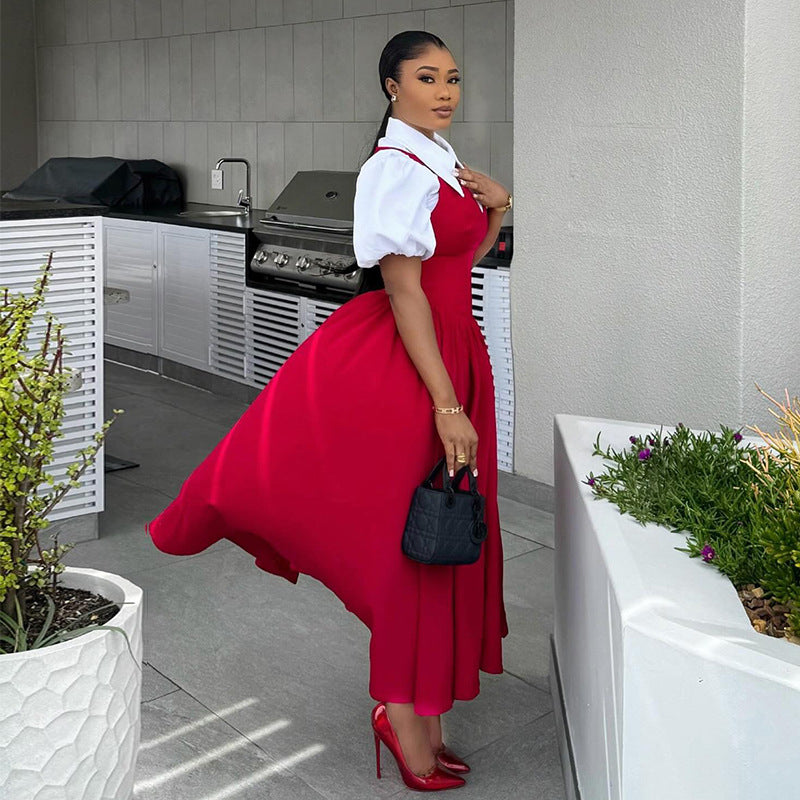 Autumn Elegant Bubble Sleeve Shirt Collar High-Waist Dress Faux Two Pieces