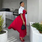 Autumn Elegant Bubble Sleeve Shirt Collar High-Waist Dress Faux Two Pieces