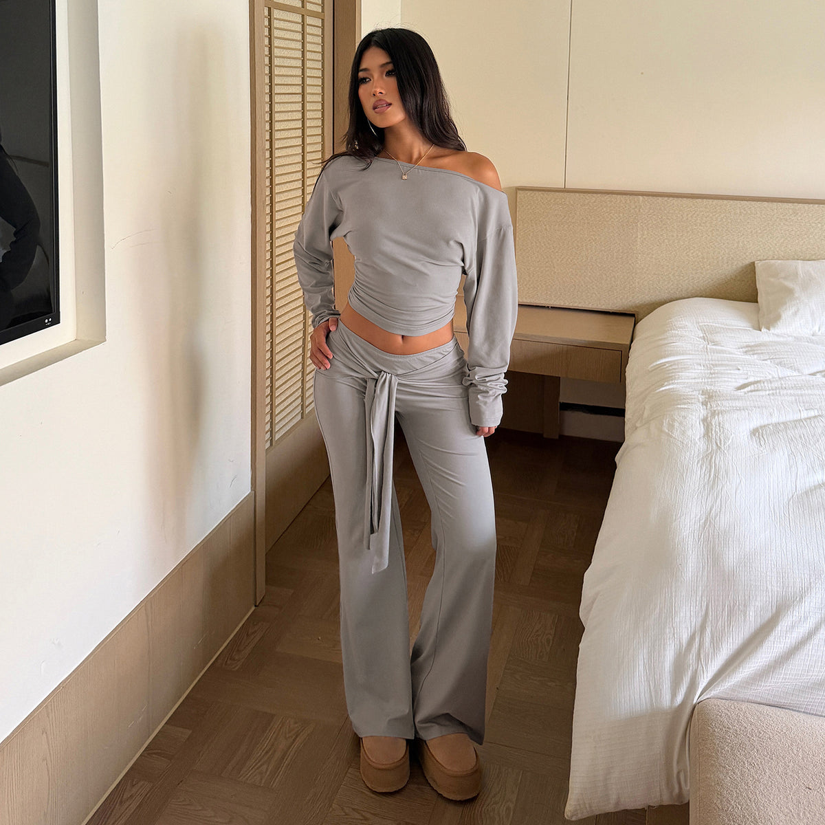 Asymmetric One-Shoulder Top and Pants Two-Piece Set