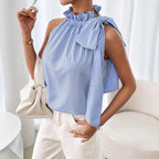 Women's Sleeveless Striped Stand Collar Lace Up Ruffled Bow Bandage Vest Women Top