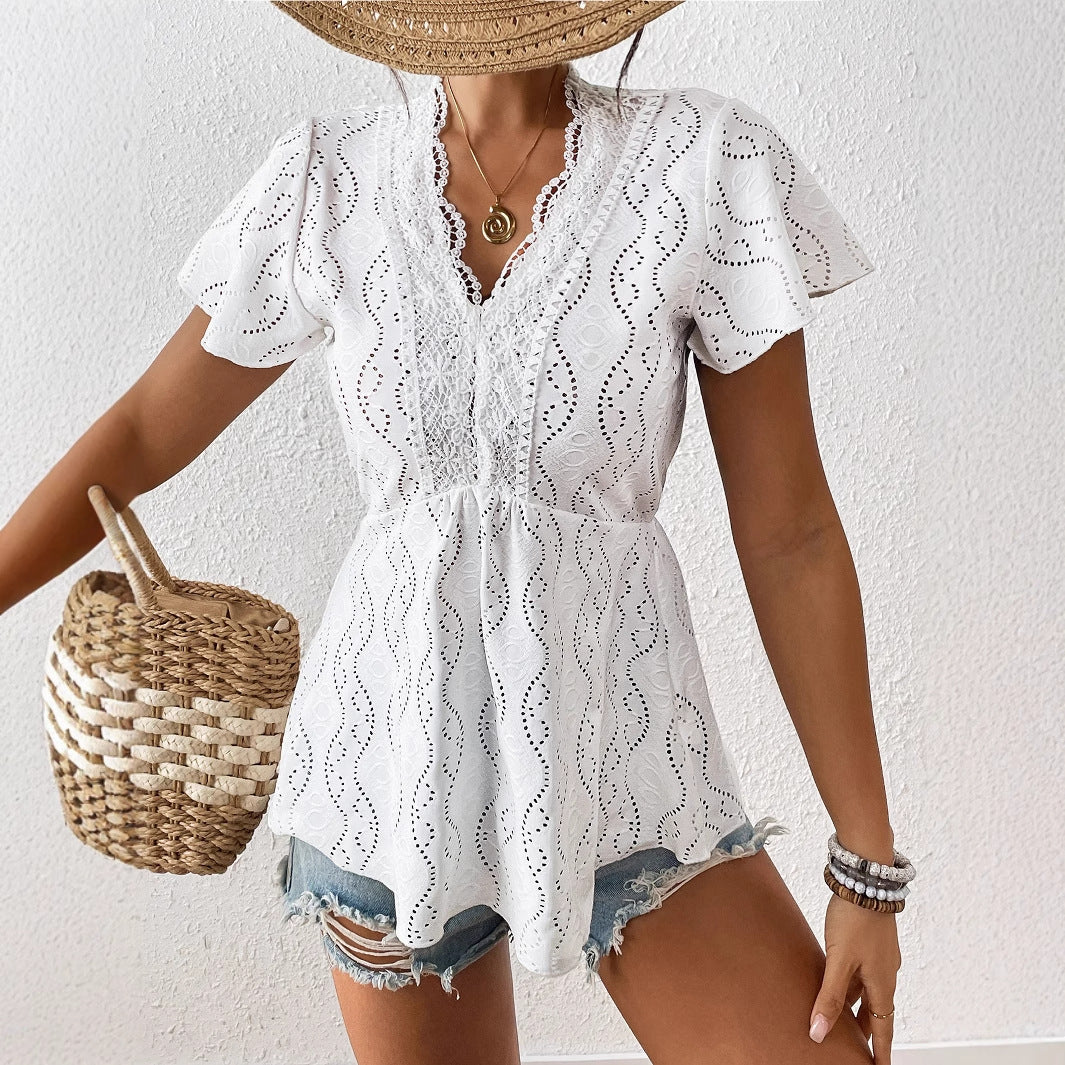 Summer Flying Sleeves Lace V neck Patchwork Hollow Out Cutout Jacquard Pullover Top
