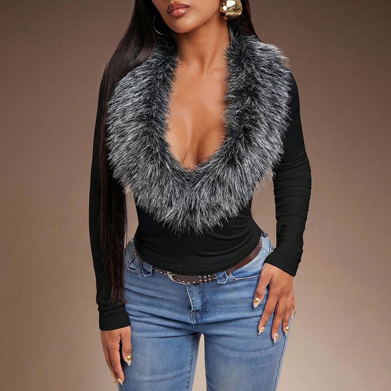 Women's Faux-Fur Collar Slim-Fit Top