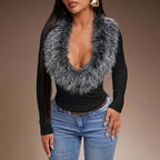 Women's Faux-Fur Collar Slim-Fit Top