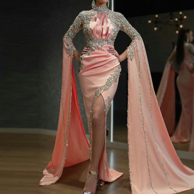 Stand-Collar Sequin Ruched Long-Sleeve Bodycon Maxi Dress