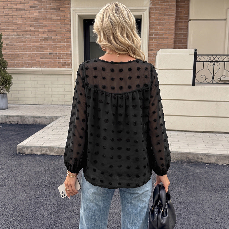 Gentle Lightly Mature Black Flocking V neck Lantern Sleeve
