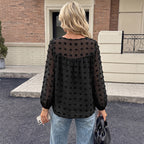 Gentle Lightly Mature Black Flocking V neck Lantern Sleeve