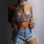Women's Rhinestone Halter Backless Crop Top