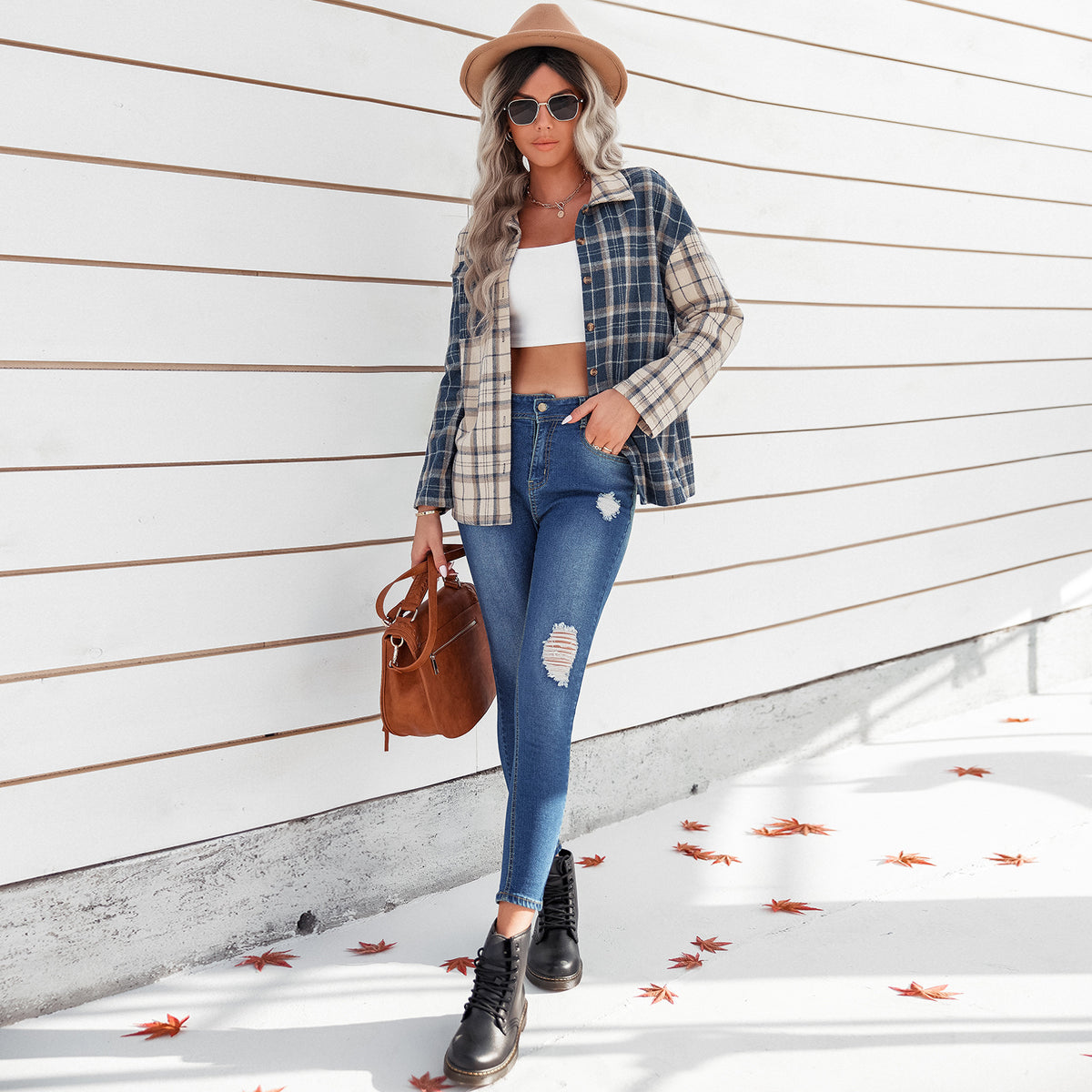 Women's Early Autumn Polo Collar Plaid Top Women Clothing Long Sleeve Cardigan Loose Shirt