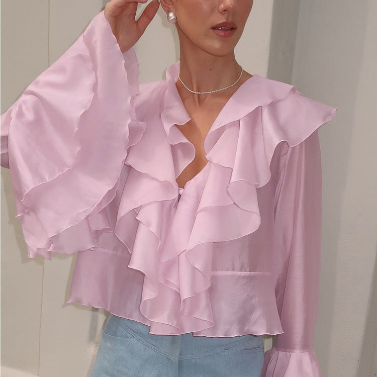 Women's French Ruffle Collar Bell Sleeve Blouse