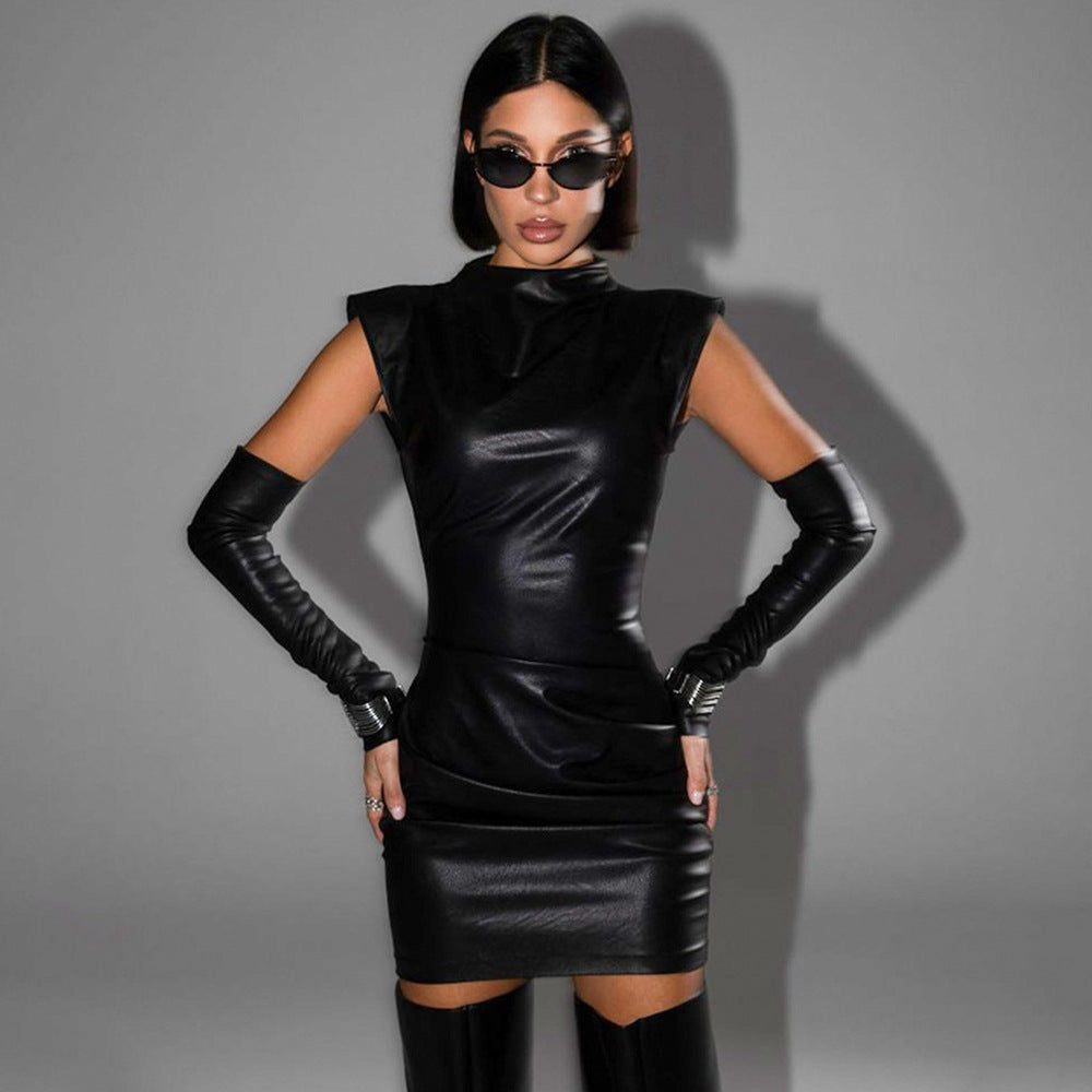 Women's Stand-Collar Faux-Leather Asymmetric Pleated Bodycon Mini Dress