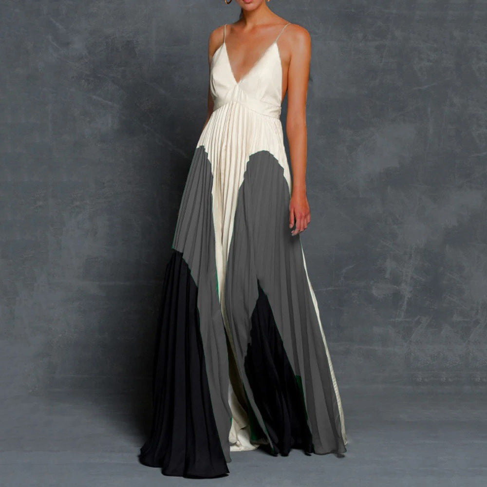 Long Color-Block Pleated Camisole Dress Long