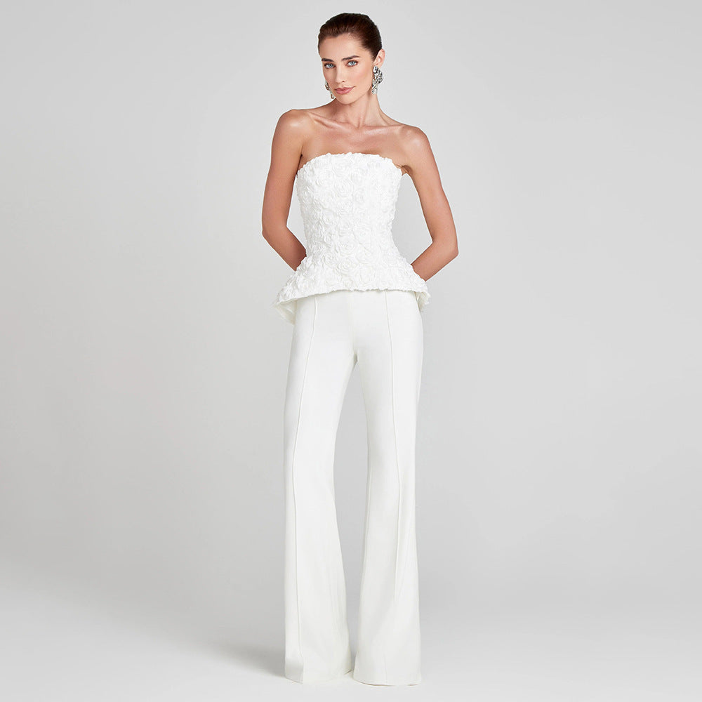 Women's White Bra Trousers High Waist Casual Set Three Dimensional Floral Vision