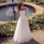 Strapless Lace-Up Puff-Sleeve Maxi Dress
