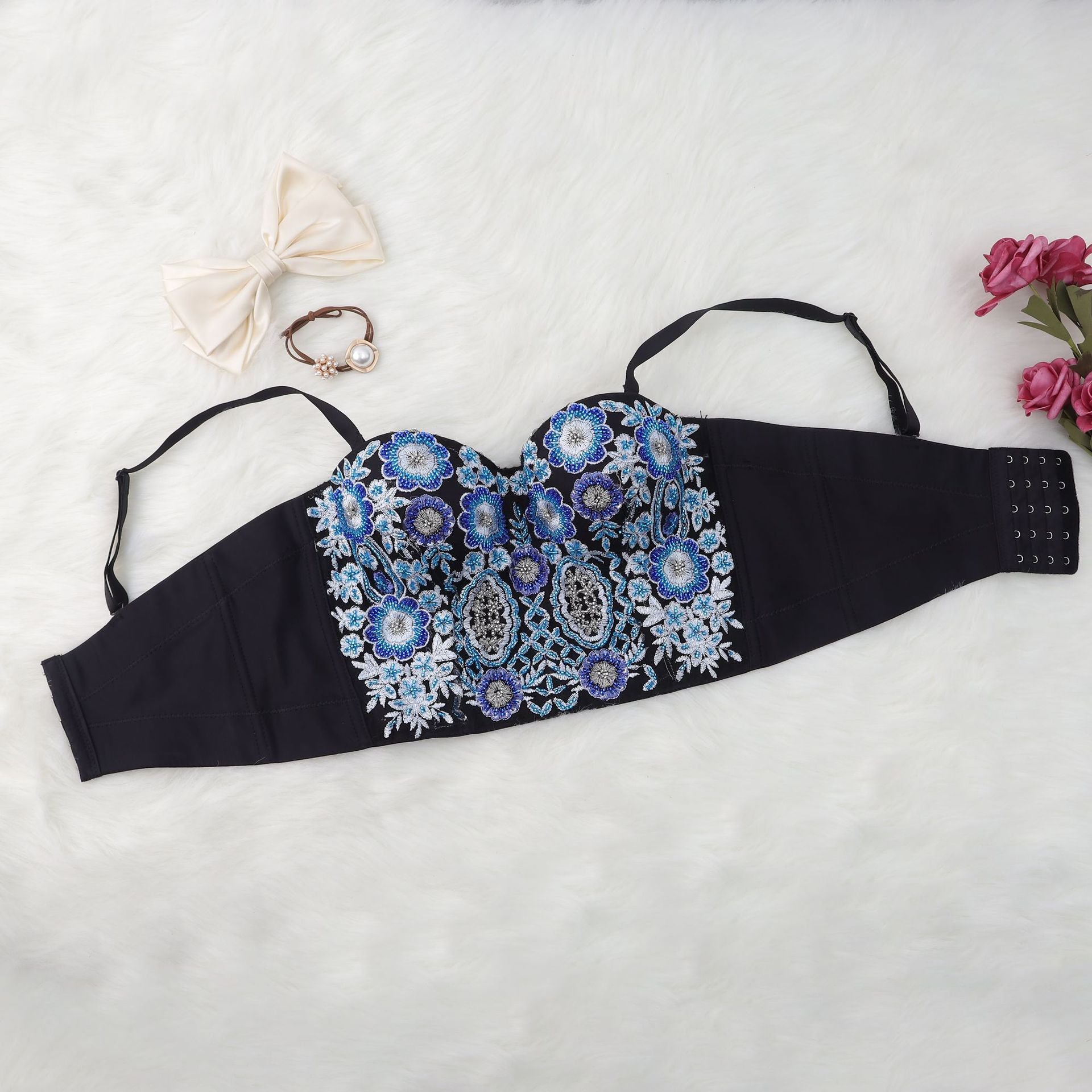 Women’s Blue Floral Embroidered Corset Crop Top