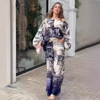 Print Long-Sleeve Batwing Shirt Wide-Leg Pants Suit Belt