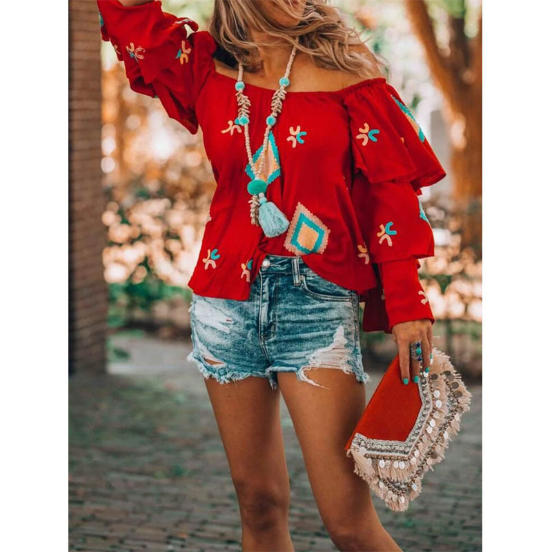 Women's Clothing Bohemian Long Sleeved Shirt Women Autumn Red Casual Women Top